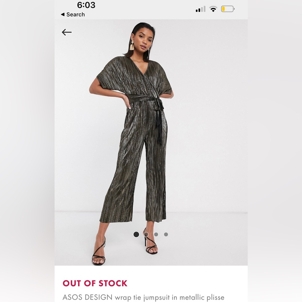 ASOS metallic gold jumpsuit, size 8, belted, plisse, worn once